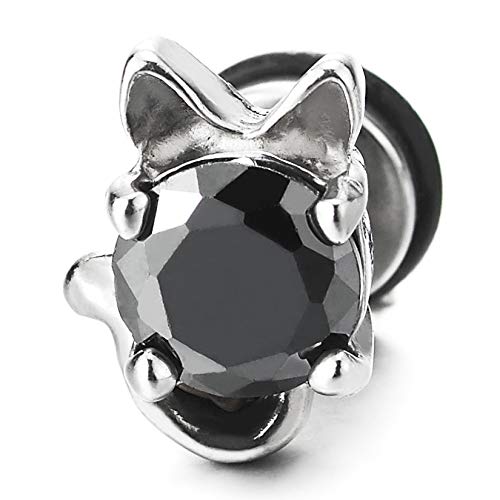 Vintage Stainless Steel Womens Cat Kitten Stud Earrings with Black Cubic Zirconia, 2 pcs - COOLSTEELANDBEYOND Jewelry