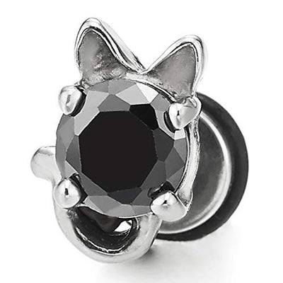 Vintage Stainless Steel Womens Cat Kitten Stud Earrings with Black Cubic Zirconia, 2 pcs - COOLSTEELANDBEYOND Jewelry