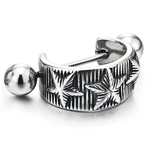 Vintage Steel Grooved Stripe Star Pentagram Half Circle Huggie Hinged Hoop Earrings, Men Women - coolsteelandbeyond