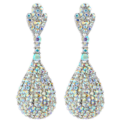 Wedding Banquet Rainbow Rhinestones Cluster Leaf Teardrop Large Dangle Statement Earrings Exquisite - COOLSTEELANDBEYOND Jewelry