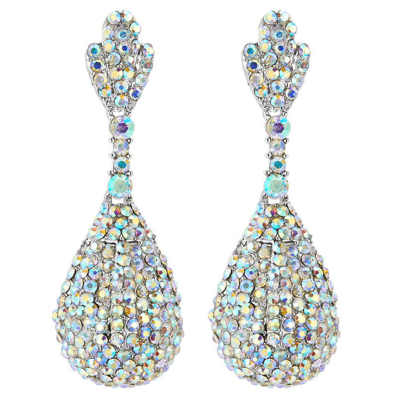 Wedding Banquet Rainbow Rhinestones Cluster Leaf Teardrop Large Dangle Statement Earrings Exquisite - COOLSTEELANDBEYOND Jewelry