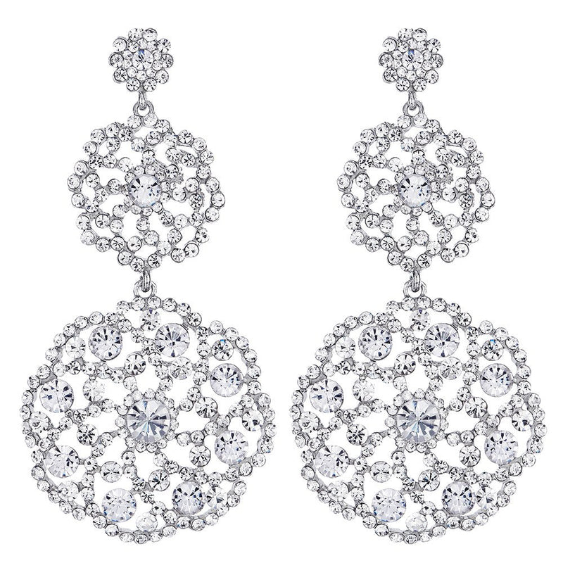 Wedding Bridal Bridesmaids Large Circle Rhinestone Cluster Flowers Long Dangle Statement Earrings - COOLSTEELANDBEYOND Jewelry