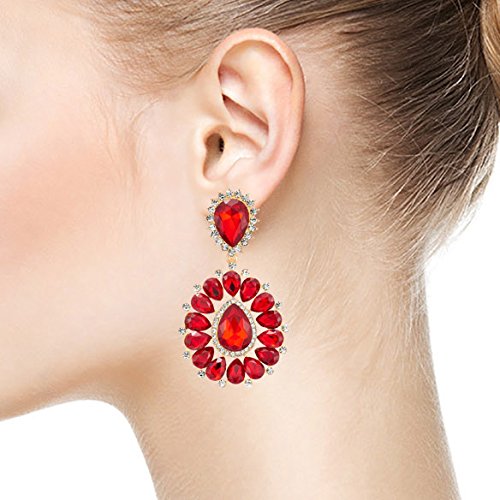 Wedding Party Prom Banquet Rhinestone Red Crystal Cluster Teardrop Large Dangle Statement Earrings - COOLSTEELANDBEYOND Jewelry