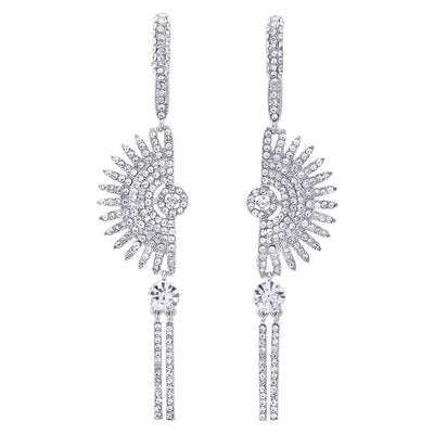 Wedding Peacock Tail Crystal Rhinestone Cluster Long Dangle Tassel Drop Statement Earrings Glamorous - COOLSTEELANDBEYOND Jewelry