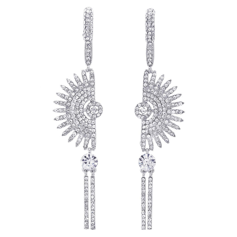 Wedding Peacock Tail Crystal Rhinestone Cluster Long Dangle Tassel Drop Statement Earrings Glamorous - COOLSTEELANDBEYOND Jewelry
