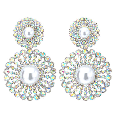 Wedding Rainbow Rhinestone Pearl Cluster Large Circle Flowers Long Drop Statement Earrings Elegant