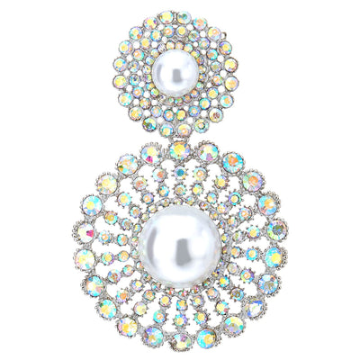 Wedding Rainbow Rhinestone Pearl Cluster Large Circle Flowers Long Drop Statement Earrings Elegant