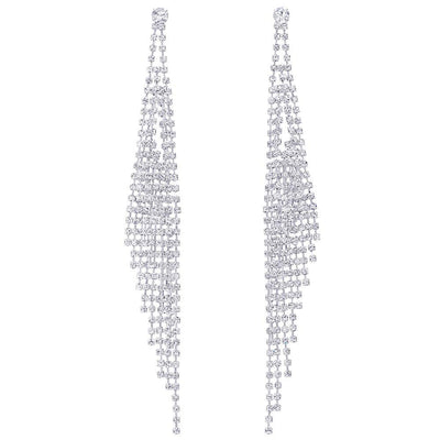 Wedding Rhinestone Cluster Long Chain Tassel Waterfall Dangle Drop Statement Earrings, Sparkling - COOLSTEELANDBEYOND Jewelry
