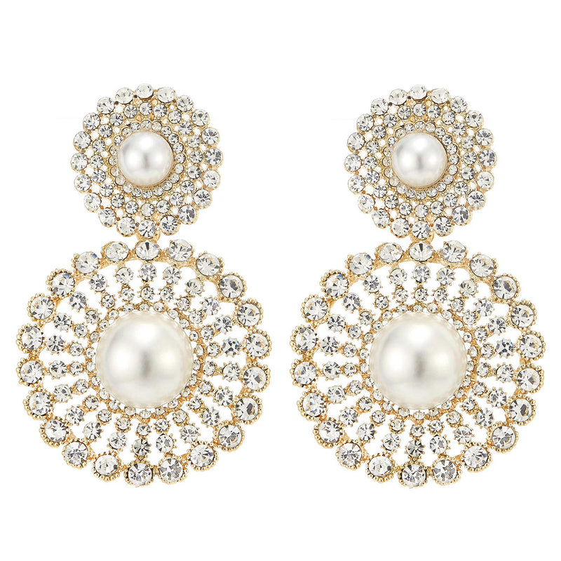 Wedding Rhinestone Synthetic Pearl Cluster Large Circle Flowers Long Drop Statement Earrings Elegant - COOLSTEELANDBEYOND Jewelry