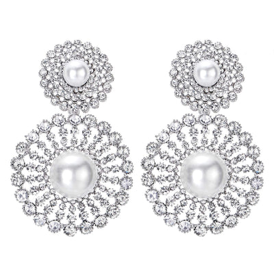 Wedding Rhinestone Synthetic Pearl Cluster Large Circle Flowers Long Drop Statement Earrings Elegant - COOLSTEELANDBEYOND Jewelry