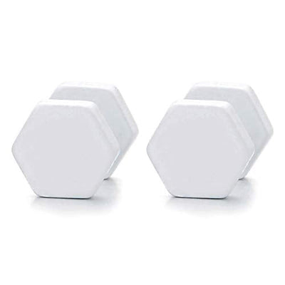 White Hexagon Screw Stud Earrings for Men Women, Steel Cheater Fake Ear Plugs Gauges Illusion Tunnel - coolsteelandbeyond