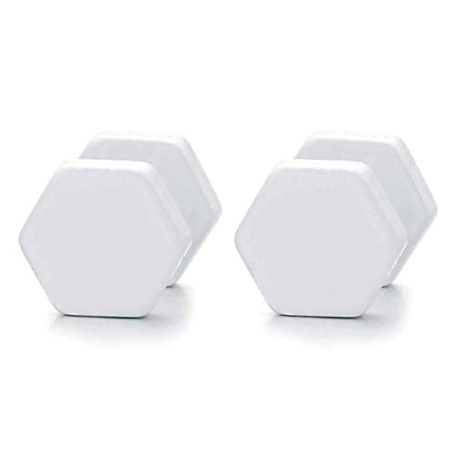 White Hexagon Screw Stud Earrings for Men Women, Steel Cheater Fake Ear Plugs Gauges Illusion Tunnel - coolsteelandbeyond