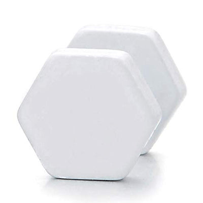 White Hexagon Screw Stud Earrings for Men Women, Steel Cheater Fake Ear Plugs Gauges Illusion Tunnel - coolsteelandbeyond