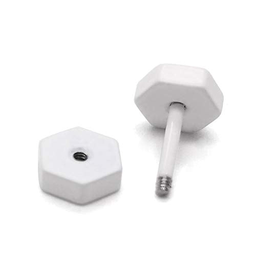 White Hexagon Screw Stud Earrings for Men Women, Steel Cheater Fake Ear Plugs Gauges Illusion Tunnel - coolsteelandbeyond