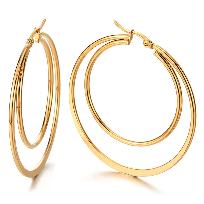 Women Girl Steel Large Double Flat Plain Circle Huggie Hinged Hoop Earrings Gold - COOLSTEELANDBEYOND Jewelry