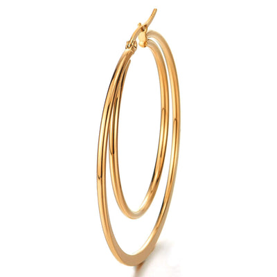 Women Girl Steel Large Double Flat Plain Circle Huggie Hinged Hoop Earrings Gold - COOLSTEELANDBEYOND Jewelry