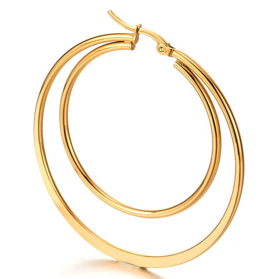 Women Girl Steel Large Double Flat Plain Circle Huggie Hinged Hoop Earrings Gold - COOLSTEELANDBEYOND Jewelry