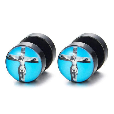 Women Men Silver Black Blue Crucifix Cross Circle Stud Earrings, Steel Cheater Fake Ear Plugs Gauges - COOLSTEELANDBEYOND Jewelry