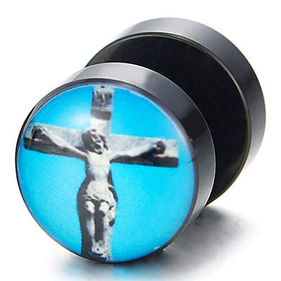 Women Men Silver Black Blue Crucifix Cross Circle Stud Earrings, Steel Cheater Fake Ear Plugs Gauges - COOLSTEELANDBEYOND Jewelry