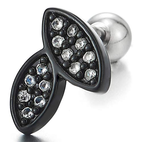 Women Small Black Double Navette Leaves Stud Earrings with Cubic Zirconia, Steel, Screw Back, 2pcs - COOLSTEELANDBEYOND Jewelry