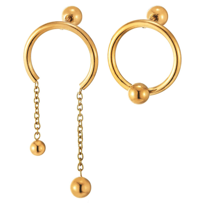 Women Stainless Steel Gold Color Bead Stud Earrings with Open Circle and Dangling Chains, Screw Back - COOLSTEELANDBEYOND Jewelry