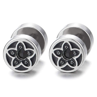 Womens Silver Black Star Flower Circle Stud Earrings with Black CZ, Steel Cheater Fake Plugs Gauges - COOLSTEELANDBEYOND Jewelry