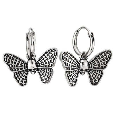 Womens Stainless Steel Circle Huggie Hinged Hoop Earrings with Dangling Butterfly Skull, 2pcs - COOLSTEELANDBEYOND Jewelry