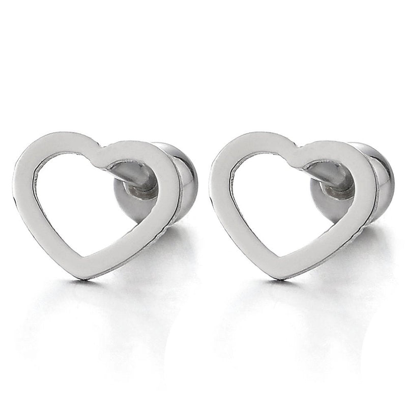 Womens Stainless Steel Flat Open Heart Stud Earrings, Screw Back, 2Pcs - COOLSTEELANDBEYOND Jewelry