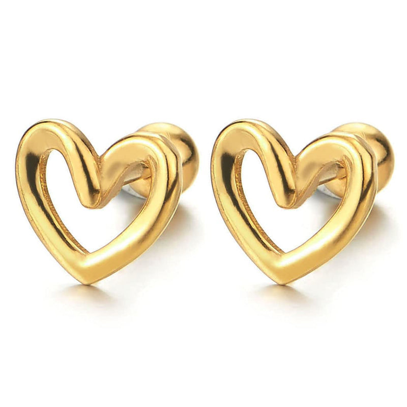 Womens Stainless Steel Gold Color Open Heart Stud Earrings, Screw Back, 2Pcs - COOLSTEELANDBEYOND Jewelry