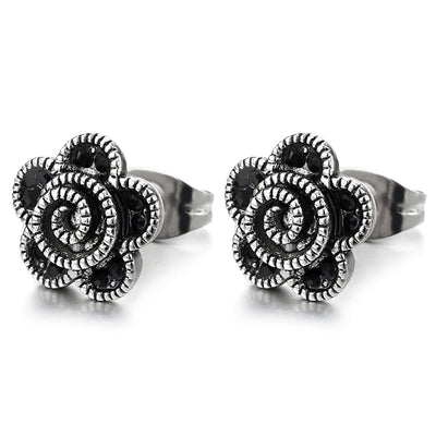 Womens Stainless Steel Vintage Swirl Pattern Wreath Flower Stud Earrings with Black Cubic Zirconia - COOLSTEELANDBEYOND Jewelry