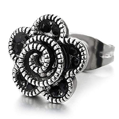 Womens Stainless Steel Vintage Swirl Pattern Wreath Flower Stud Earrings with Black Cubic Zirconia - COOLSTEELANDBEYOND Jewelry