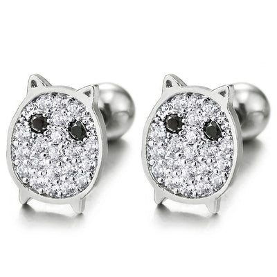 Womens Steel Ball Stud Earrings, Cute Cat with Black and White Cubic Zirconia, 2pcs, Screw Back - COOLSTEELANDBEYOND Jewelry