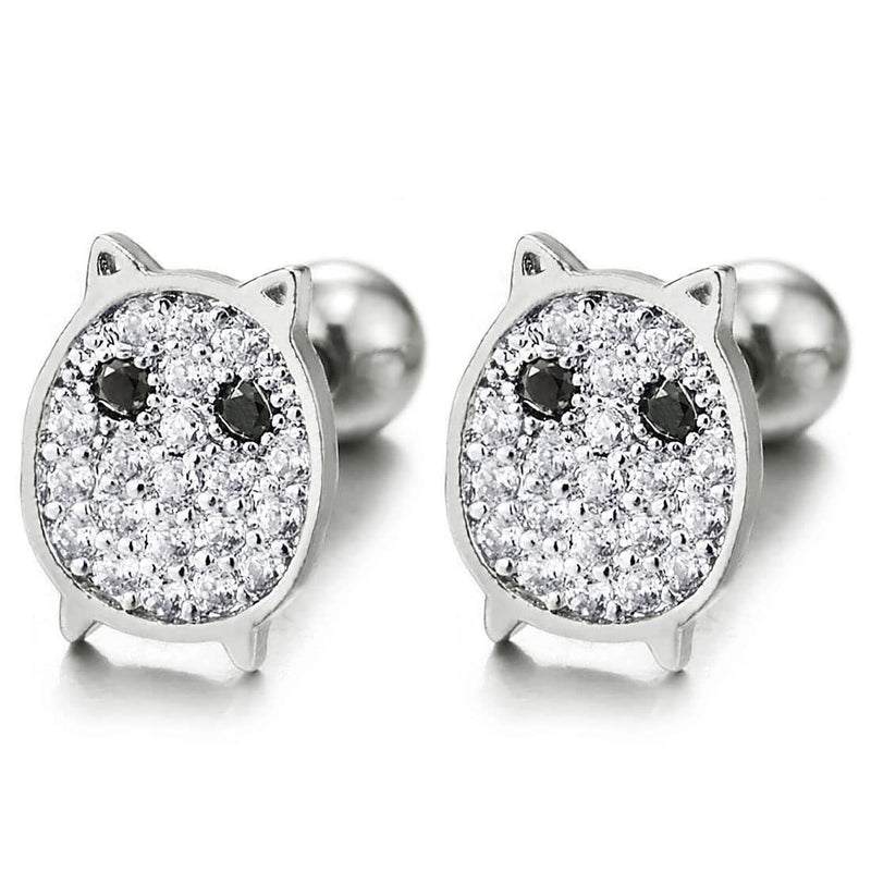 Womens Steel Ball Stud Earrings, Cute Cat with Black and White Cubic Zirconia, 2pcs, Screw Back - COOLSTEELANDBEYOND Jewelry