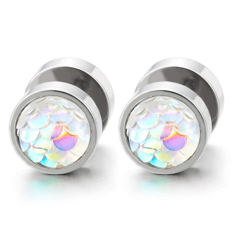 Womens Steel Circle Stud Earrings with Rainbow Squama Gem Stone, Cheater Fake Ear Plugs Gauges, 2pcs - COOLSTEELANDBEYOND Jewelry