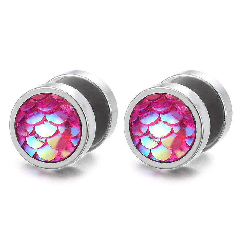 Womens Steel Circle Stud Earrings with Rainbow Squama Gem Stone, Cheater Fake Ear Plugs Gauges, 2pcs - COOLSTEELANDBEYOND Jewelry