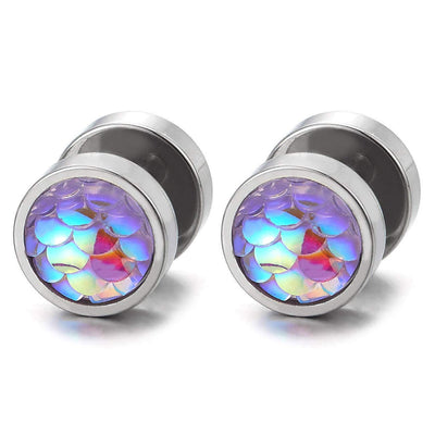 Womens Steel Circle Stud Earrings with Rainbow Squama Gem Stone, Cheater Fake Ear Plugs Gauges, 2pcs - COOLSTEELANDBEYOND Jewelry