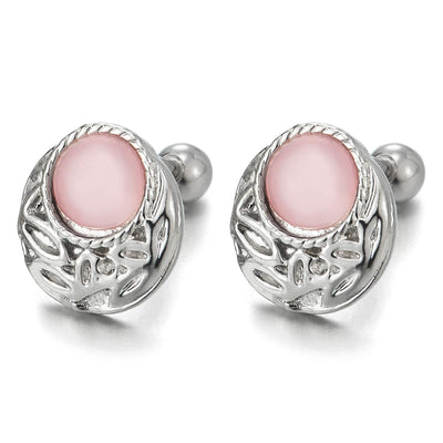 Womens Steel Leaf Pattern Oval Stud Earring with Pink Gem Stone, Screw Back, Elegant - COOLSTEELANDBEYOND Jewelry