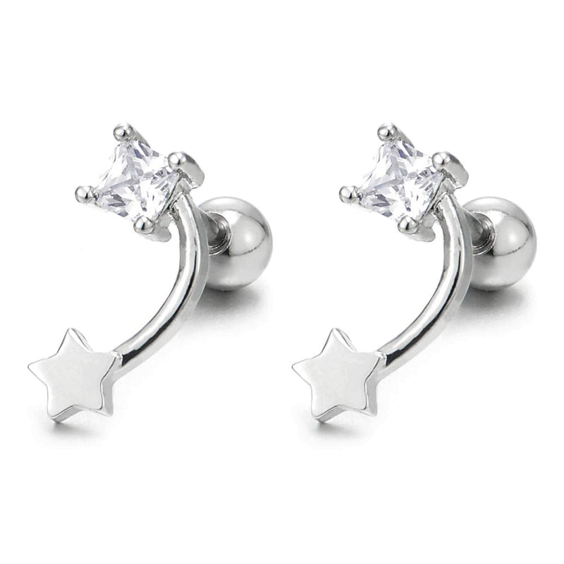Womens Steel Princess Cut Cubic Zirconia Stud Earrings with Shooting Star, Screw Back, 2 Pcs - COOLSTEELANDBEYOND Jewelry