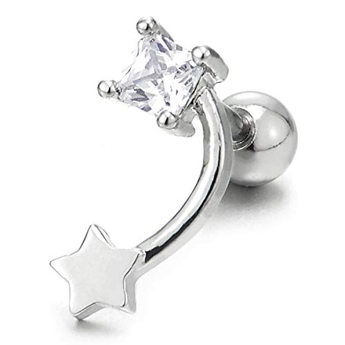 Womens Steel Princess Cut Cubic Zirconia Stud Earrings with Shooting Star, Screw Back, 2 Pcs - COOLSTEELANDBEYOND Jewelry