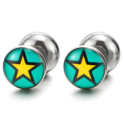 Yellow Aqua Blue Pentagram Star Steel Dome Stud Earrings Men Women, Cheater Fake Ear Plugs Gauges - coolsteelandbeyond