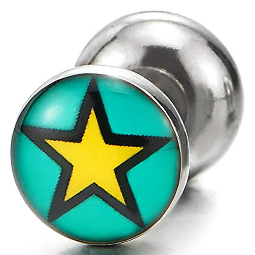 Yellow Aqua Blue Pentagram Star Steel Dome Stud Earrings Men Women, Cheater Fake Ear Plugs Gauges - coolsteelandbeyond