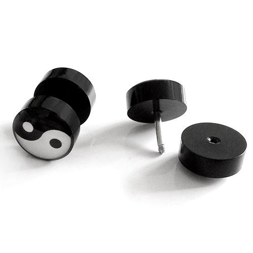 Yin-Yang Stud Earrings for Men, Illusion Tunnel Plug Screw Back, 2pcs - coolsteelandbeyond