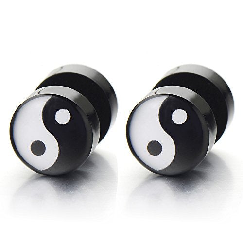 Yin-Yang Stud Earrings for Men, Illusion Tunnel Plug Screw Back, 2pcs - coolsteelandbeyond