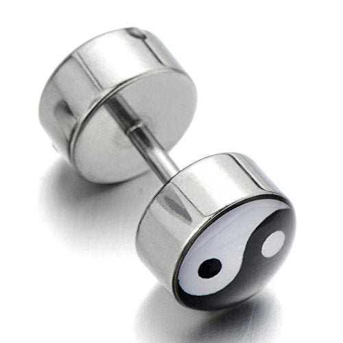 Yin-yang Stud Earrings for Men Women, Stainless Steel Illusion Tunnel Plug Screw Back, 2pcs - coolsteelandbeyond