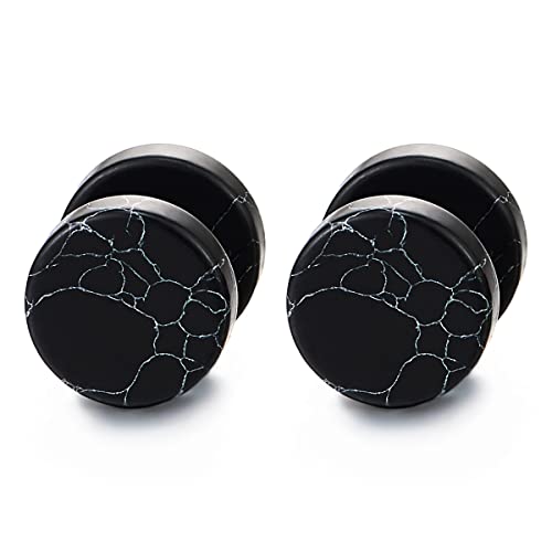 2pcs 10MM Marble Stud Earrings Men Women, Steel Cheater Fake Ear Plugs Gauges Illusion Tunnel - COOLSTEELANDBEYOND Jewelry