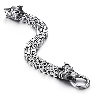 Mens Stainless Steel Two-strand Braided Byzantine Chain Bracelet with Wolf Heads, Spring Ring Clasp