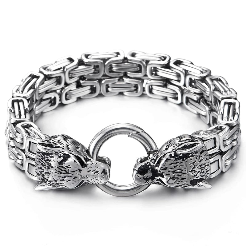 Mens Stainless Steel Two-strand Braided Byzantine Chain Bracelet with Wolf Heads, Spring Ring Clasp