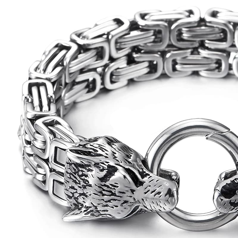 Mens Stainless Steel Two-strand Braided Byzantine Chain Bracelet with Wolf Heads, Spring Ring Clasp