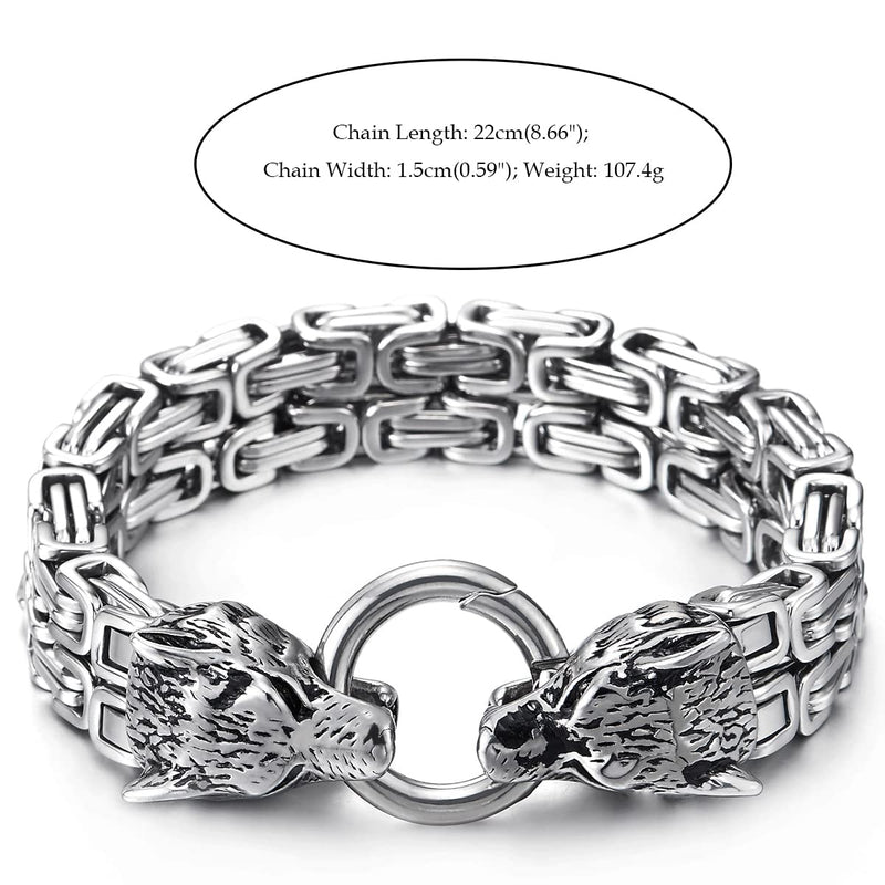 Mens Stainless Steel Two-strand Braided Byzantine Chain Bracelet with Wolf Heads, Spring Ring Clasp