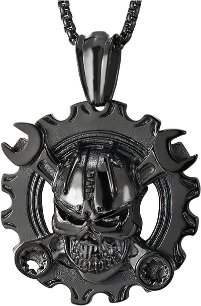 Mens Steel Vintage Mechanic Wrench Gear Wheel Skull Pendant Necklace 30 in Wheat Chain Biker Gothic - COOLSTEELANDBEYOND Jewelry